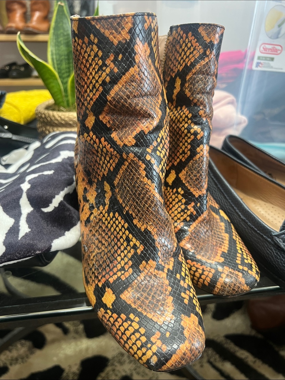 Steve Madden Pixie Ankle Boots Orange Black Snake Print Block Hee - Picture 4 of 4